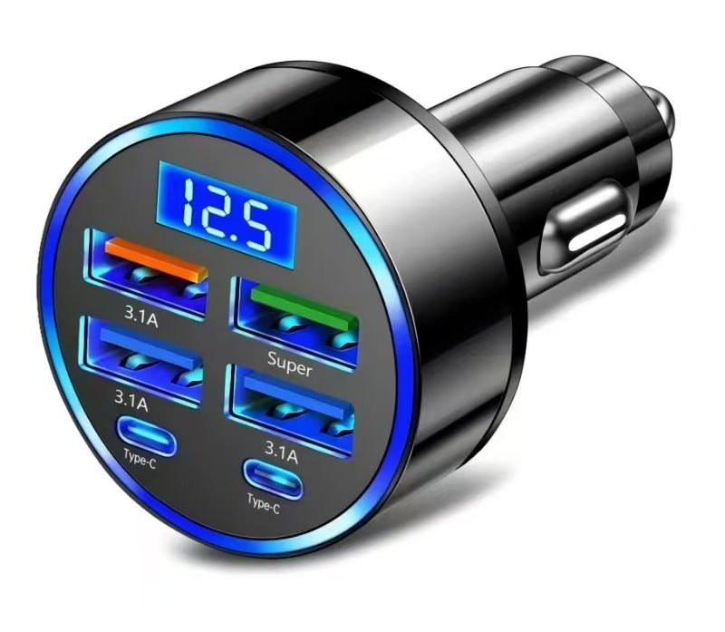 The new digital display car charger 4usb 66W fast charge PD mobile phone charging head a drag four with halo car charger