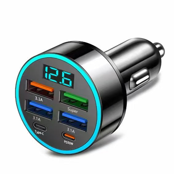 The new digital display car charger 4usb 66W fast charge PD mobile phone charging head a drag four with halo car charger