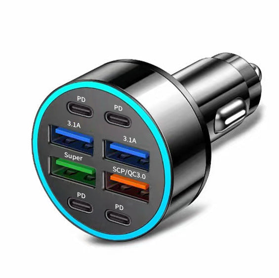 The new digital display car charger 4usb 66W fast charge PD mobile phone charging head a drag four with halo car charger