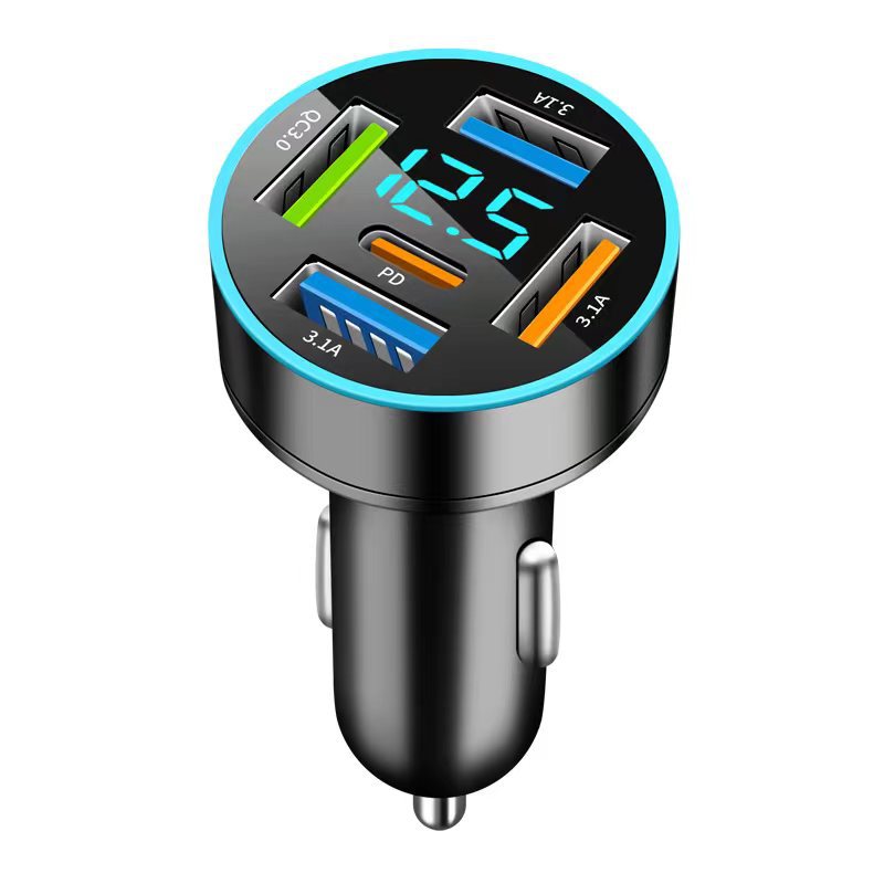 The new digital display car charger 4usb 66W fast charge PD mobile phone charging head a drag four with halo car charger