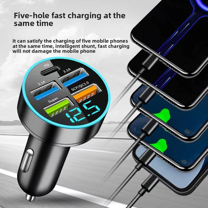 The new digital display car charger 4usb 66W fast charge PD mobile phone charging head a drag four with halo car charger