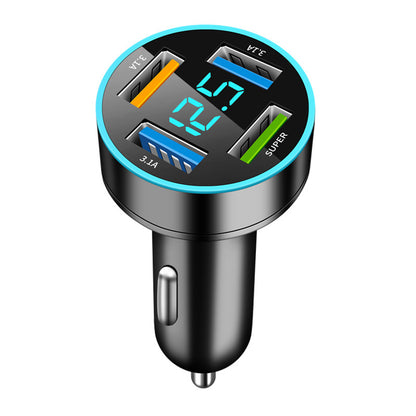 The new digital display car charger 4usb 66W fast charge PD mobile phone charging head a drag four with halo car charger